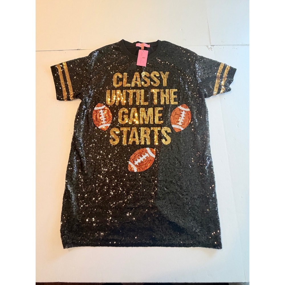 Simply Southern Classy Until The Game Starts Sequin Football T-Shirt Dress L/XL - Picture 3 of 8